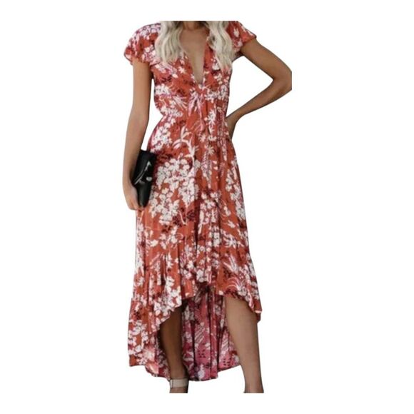 Aakaa Red Sexy Summer Floral Deep V Neck High‎ Low Flowy Front Tie Maxi Dress S - Picture 1 of 16